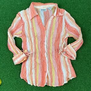 Vintage Unique Spectrum Orange Stripe 3/4 Sleeve Crinkled Button Up Blouse Sz L